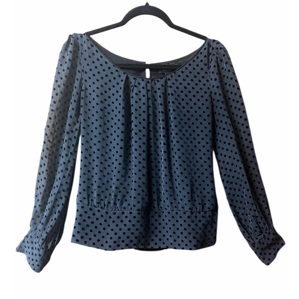 White House Black Market Velvet Swiss Dot Black Sheer Blouse size 6